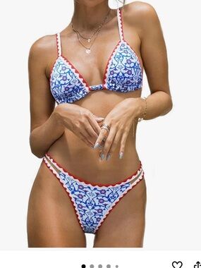 Blue & White Floral Micro Bikini with Red Trim